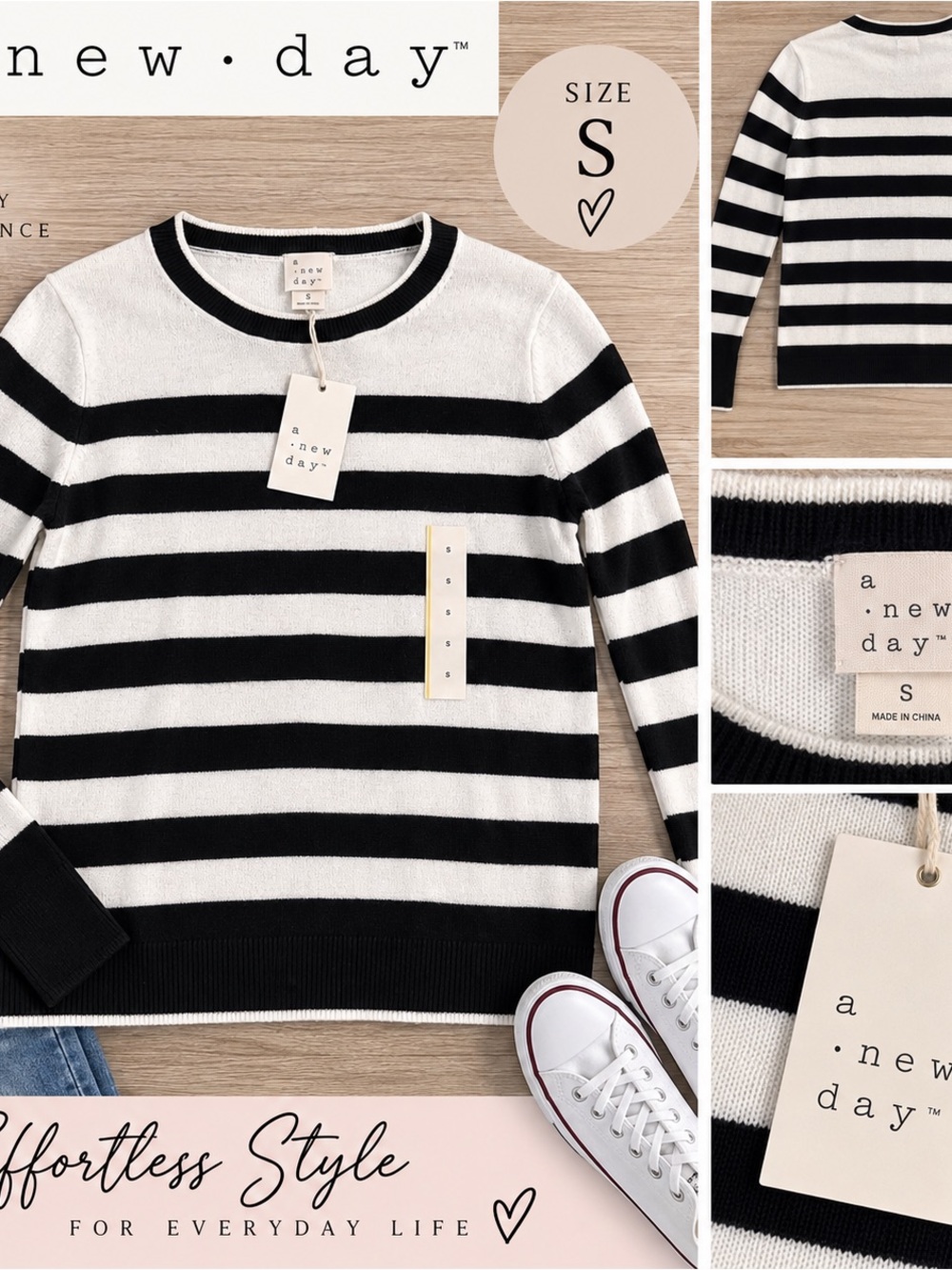 a new day Black & White Striped Scoop Neck Sweater